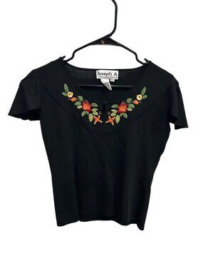 Joseph A Black Floral Embroidered Short Flutter Sleeve Blouse Size L Boho Chic